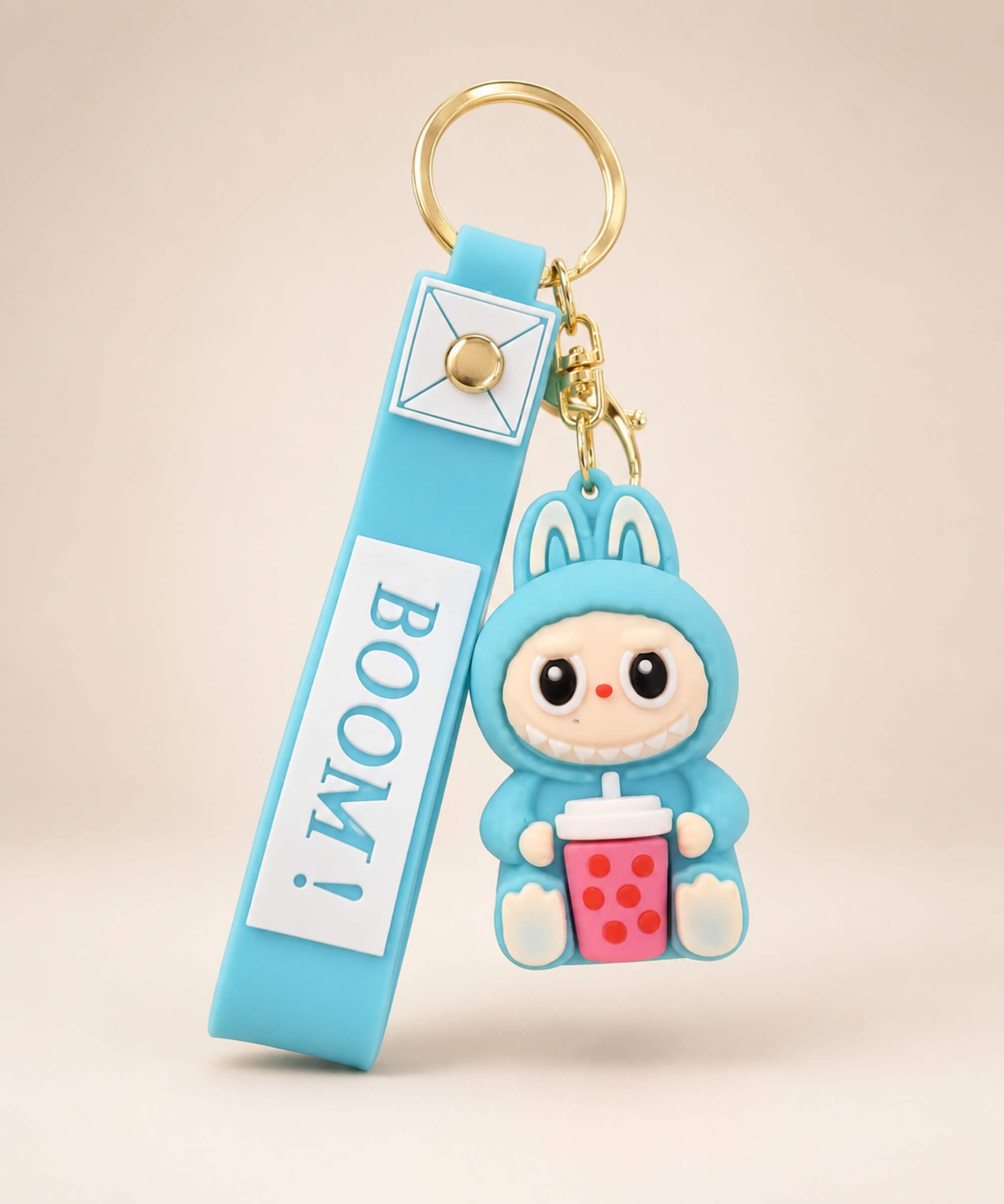 Blue Labubu style bubble tea keychain
